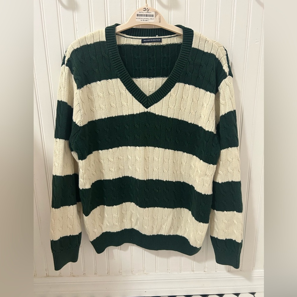 Brandy Melville cream and dark green cable knit sweater